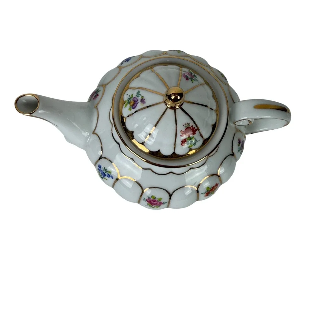 Ganz Floral Porcelain Tea for One Set White‎ Gold Trim Stackable Teapot Teacup